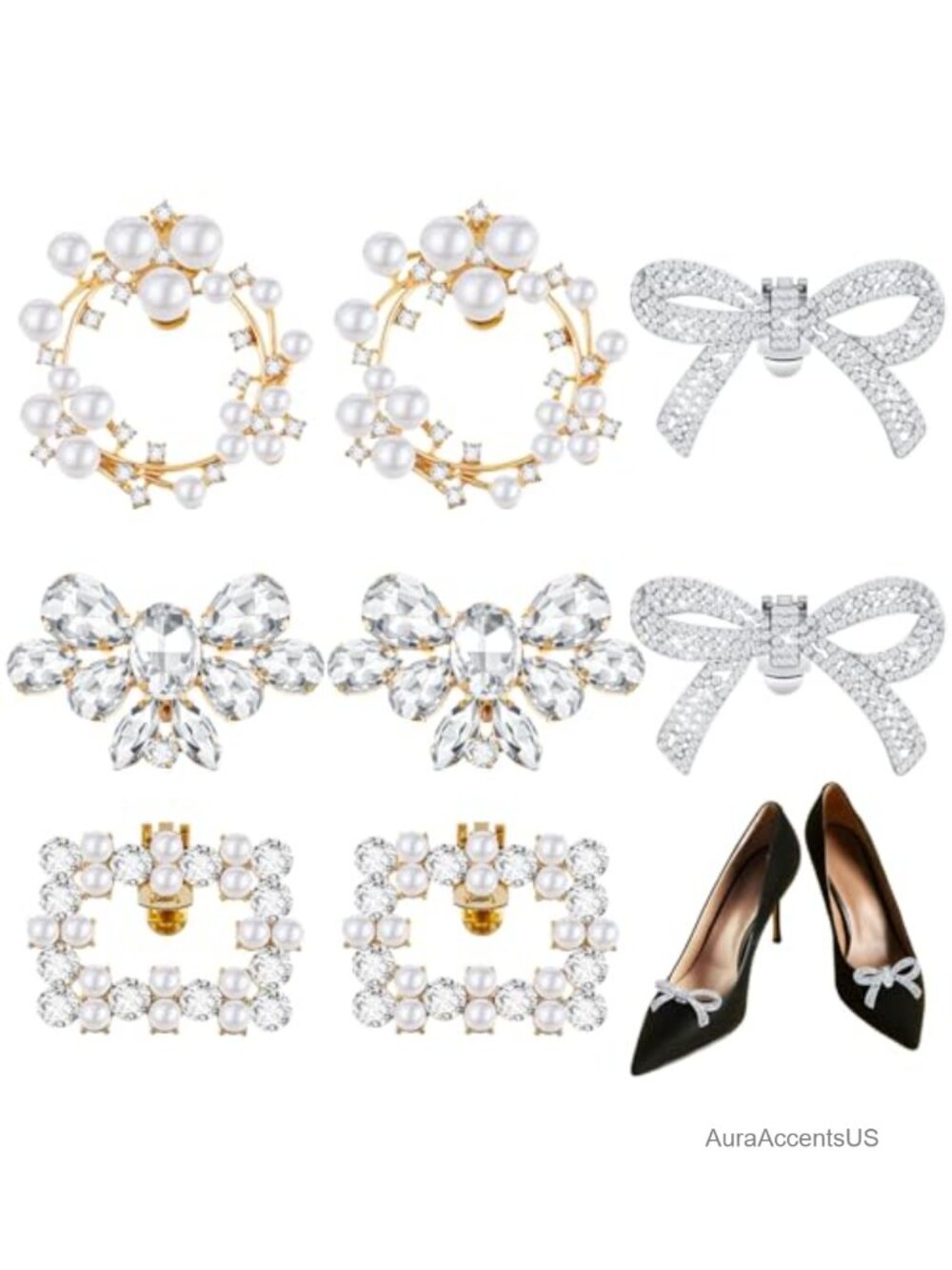 Rhinestone Pearl Shoe Clips Crystal Shoe Buckles Bow Square Wing Charms Decor